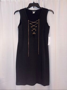 VENUS Black Sleeveless Mini Dress with Gold Lace-Up Chain